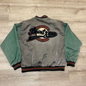 Point Zero Grey Body Green Sleeve Varsity Jacket with Embroidered Back